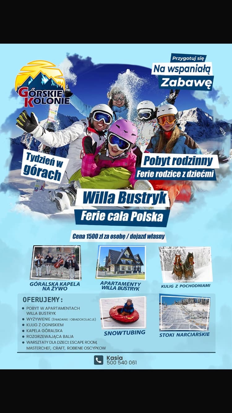 Oferta zimowa: ferie rodzinne w Willi Bustryk. Narciarze, snowtubing, kulig z pochodniami, kapela góralska, warsztaty dla dzieci. Góry, zabawa, pobyt w apartamentach.