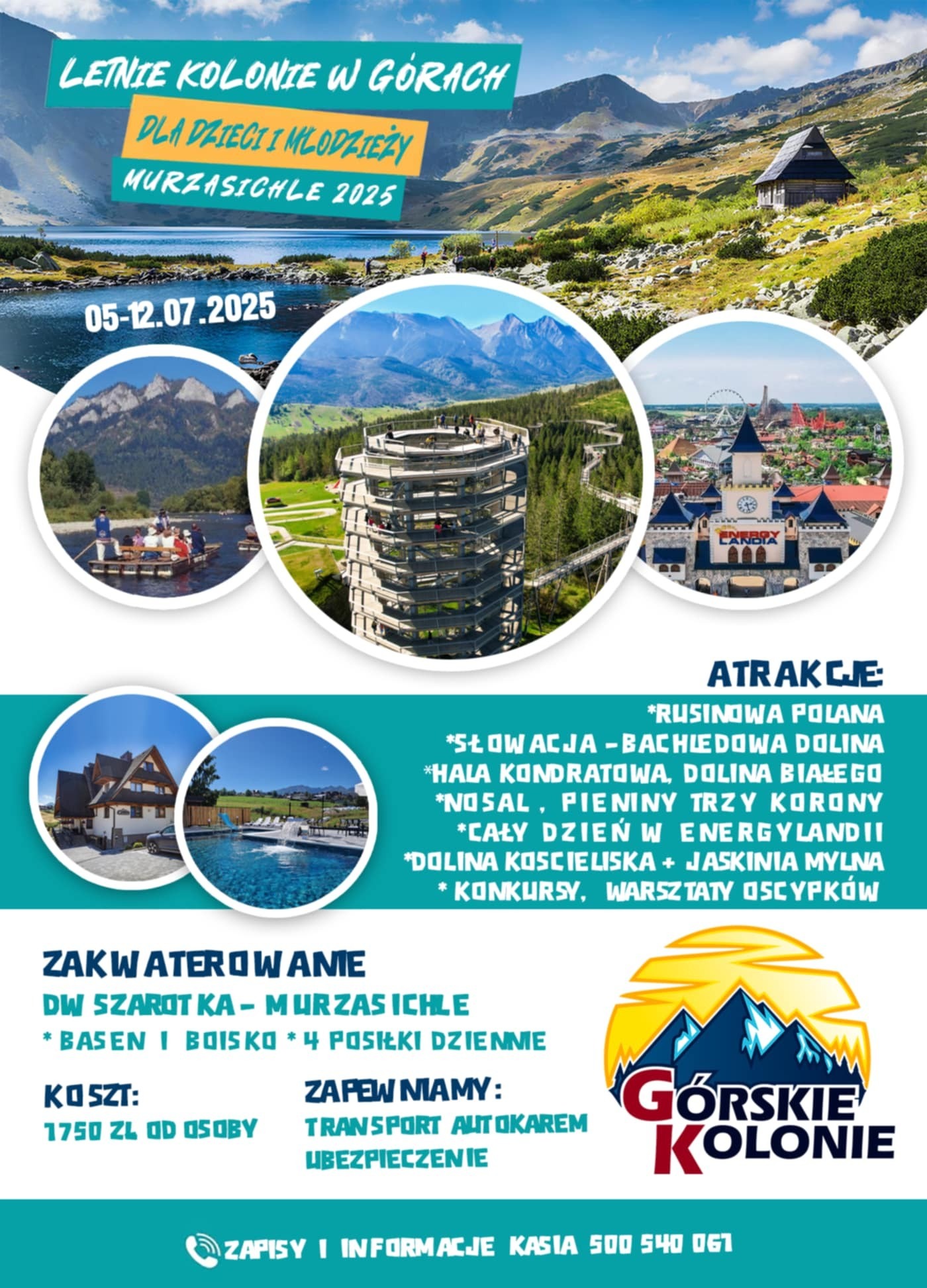 Plakat reklamujący letnie kolonie w górach dla dzieci i młodzieży w Murzasichle 2025. Atrakcje: Rusinowa Polana, Energylandia, zakwaterowanie z basenem.