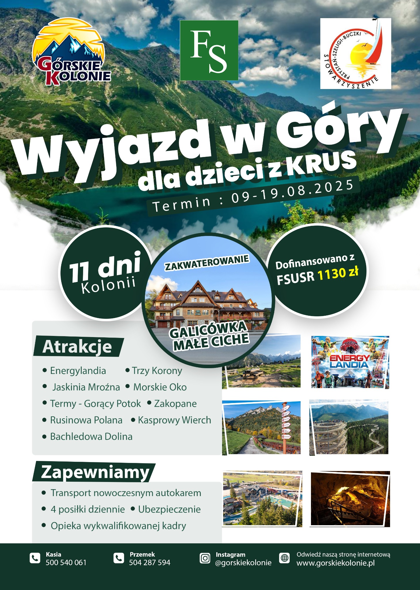 Plakat informujący o wyjeździe w góry dla dzieci z KRUS w terminie 09-19.08.2025. Oferta kolonii GÓRSKIE KOLONIE, zakwaterowanie w GALICÓWKA MAŁE CICHE.
