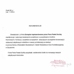 Dokument - rekomendacja dla firmy Europlan, potwierdzająca pozyskiwanie środków na konserwację zabytkowych obiektów kościelnych. Kuria Metropolitalna Szczecińsko-Kamieńska.