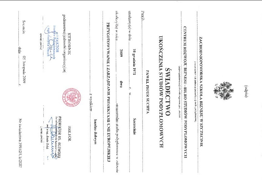 Skan świadectwa ukończenia studiów podyplomowych z Zachodniopomorskiej Szkoły Biznesu w Szczecinie, potwierdzającego przygotowanie i zarządzanie projektami UE.