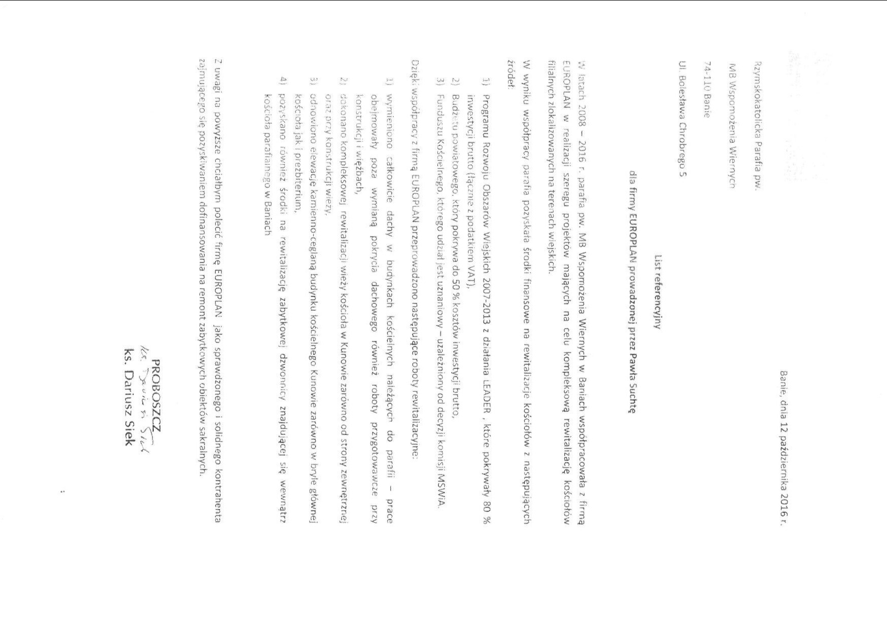 List referencyjny dla firmy EUROPLAN, dotyczący rewitalizacji kościołów filialnych. Dokument zawiera informacje o współpracy i pozyskanych środkach finansowych.