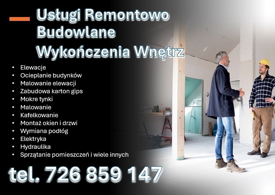 Remontowane wnętrze z zabudową gipsową, gdzie dwaj mężczyźni omawiają postęp prac. Widoczny fragment reklamy usług remontowo-budowlanych z numerem telefonu.