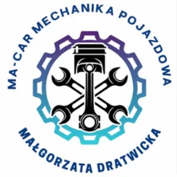 Logo warsztatu samochodowego z Izabelina: Piston, klucze i zębatka w odcieniach niebieskiego i fioletu. Ma-Car Mechanika Pojazdowa Małgorzata Dratwicka.