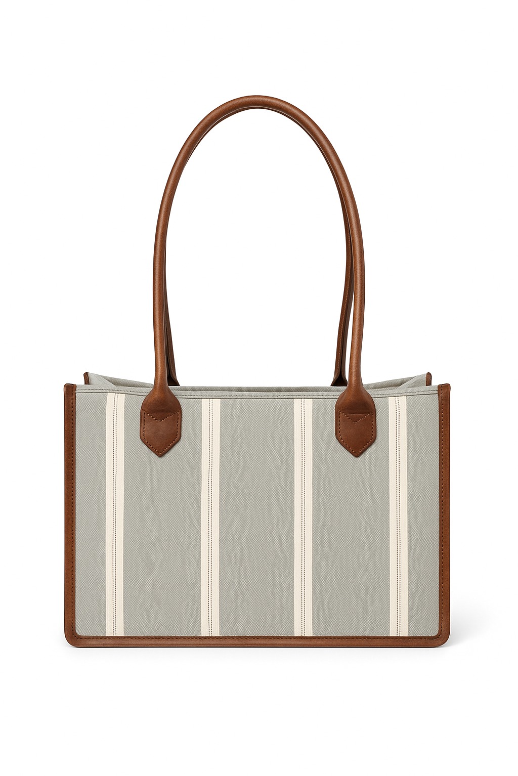 Elegancka torba z szarej tkaniny w białe paski, wykończona brązową imitacją skóry. Klasyczny fason z brązowymi, zaokrąglonymi uchwytami. Idealna na co dzień i w podróży.