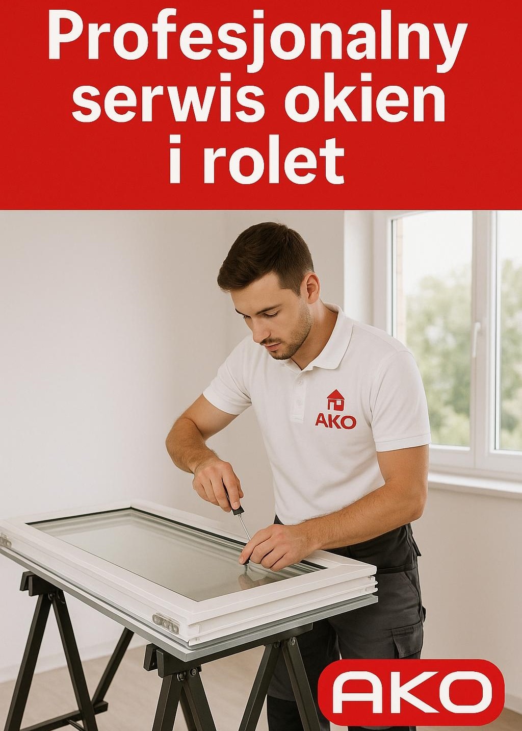 Serwisant AKO naprawia okno PCV na stojaku, używając śrubokręta. W tle białe ściany i okno. U góry i na dole widoczne logo firmy.
