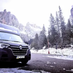 Czarny bus dostawczy Renault na tle górskiego krajobrazu w zimowej scenerii. Śnieg pokrywa pobocze drogi i drzewa. Widoczne tablice rejestracyjne.