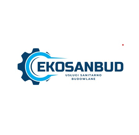 Logo firmy EKOSANBUD z niebieskim kołem zębatym i nazwą, oferującej usługi sanitarno-budowlane. Minimalistyczny design na białym tle.