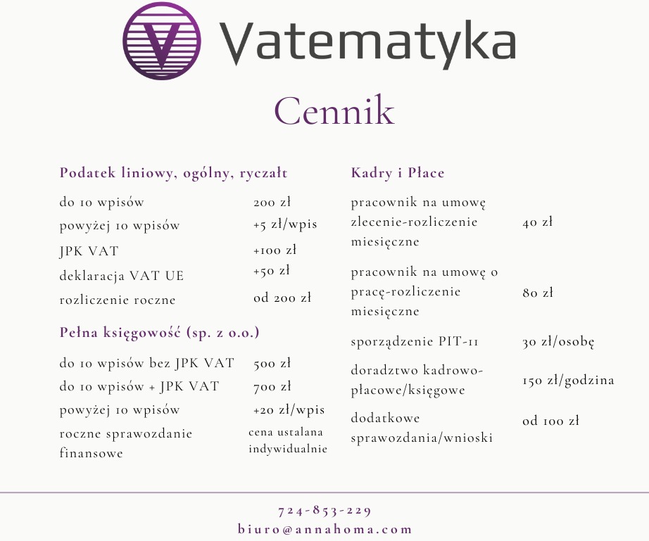 Cennik usług biura rachunkowego Vatematyka, obejmujący podatek liniowy, pełną księgowość, kadry i płace. Zawiera szczegółowe stawki za poszczególne usługi.