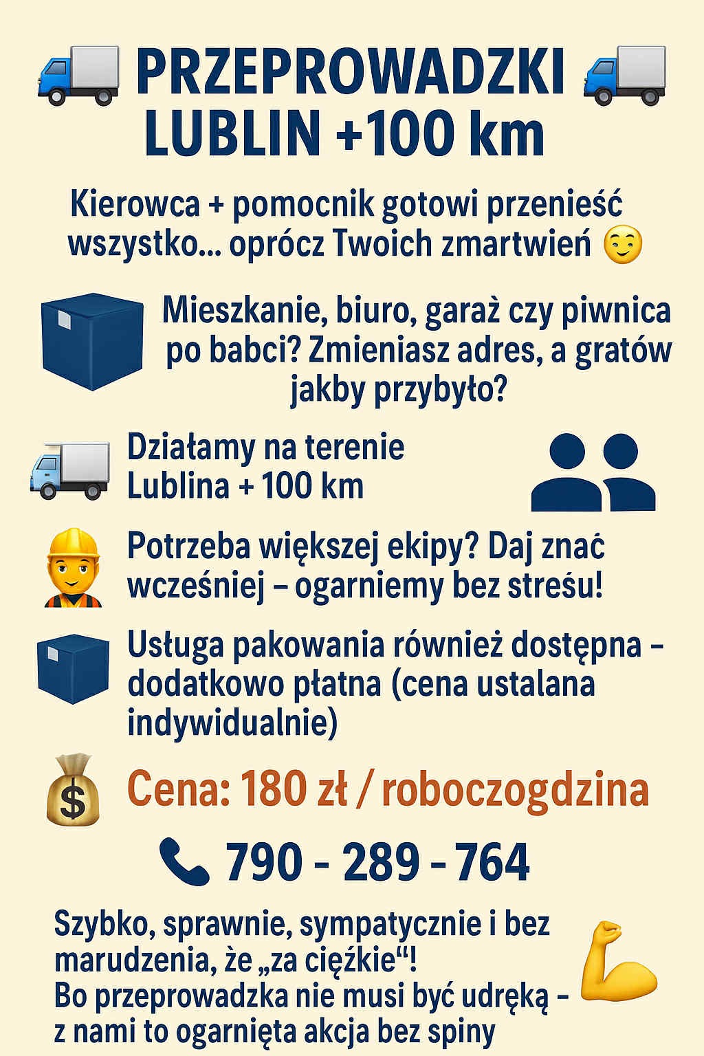 Grafika reklamowa: Przeprowadzki Lublin i okolice. Oferta obejmuje mieszkania, biura, garaże, pakowanie. Podany numer telefonu i stawka godzinowa.
