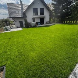 HEKTAR - Świeżo założony trawnik z rolki przed nowoczesnym domem jednorodzinnym. Widoczne worki z ziemią i kostka brukowa na podjeździe. Intensywna zieleń trawy.