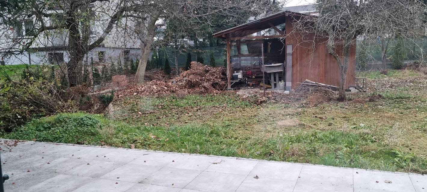 Jesienne porządki w ogrodzie: sterta liści obok drewnianej szopy, widok zza betonowego tarasu. Nieuporządkowana zieleń i nagie drzewa w tle.