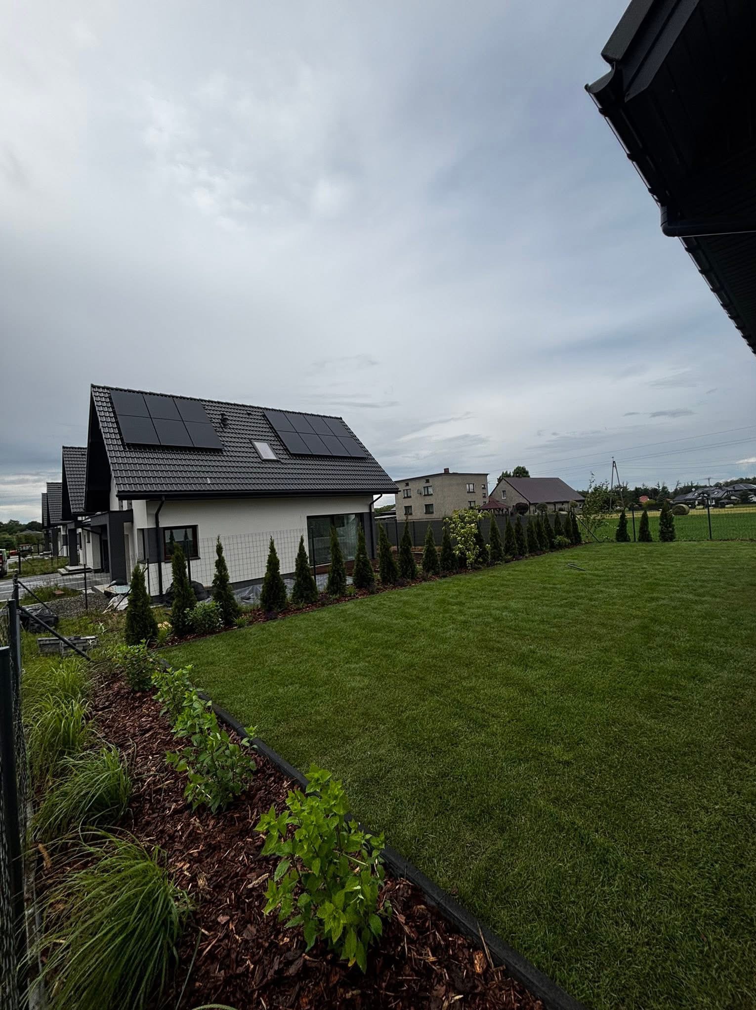 Zadbany trawnik przed nowoczesnym domem z panelami słonecznymi, obrzeża rabat wysypane korą, rząd małych drzewek iglastych wzdłuż ogrodzenia. Pochmurne niebo.