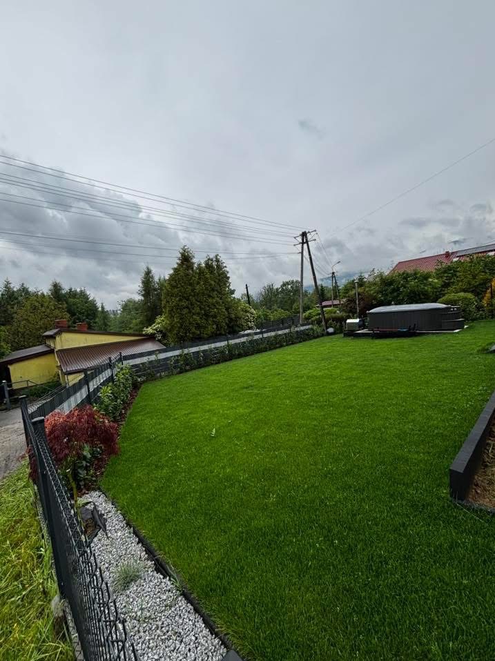 Zadbany trawnik z rolki, obrzeża z kamienia i roślin, ogrodzenie panelowe, w tle dom i drzewa. Widok na równą, zieloną powierzchnię trawy po realizacji.