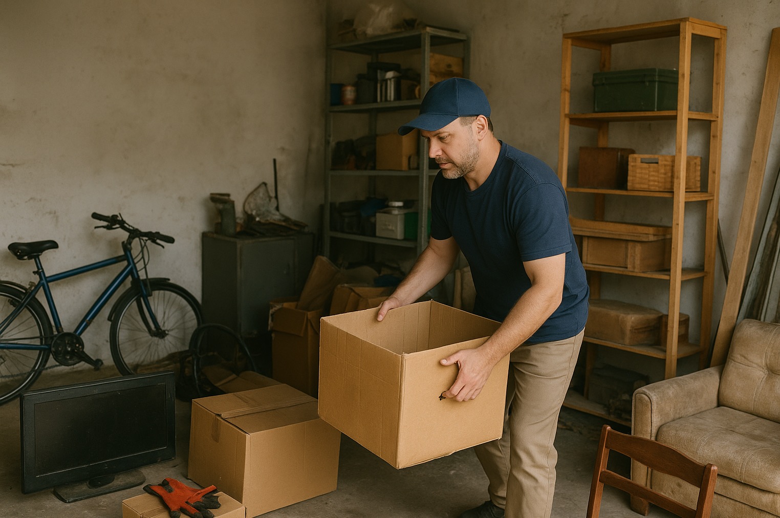 Mężczyzna w niebieskiej koszulce i czapce przenosi karton w zagraconym pomieszczeniu. W tle regały, rower i telewizor.