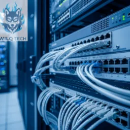 Serwerownia z podłączonymi kablami sieciowymi, widoczne przełączniki i routery. Logo firmy WILQ TECH w lewym górnym rogu. Niebieska tonacja kolorystyczna.