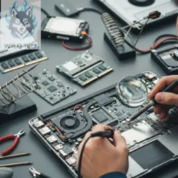 Naprawa laptopa: Osoba lutuje płytę główną pod lupą. Widoczne narzędzia, pamięci RAM i dyski twarde na szarym tle. Precyzyjna praca serwisanta.