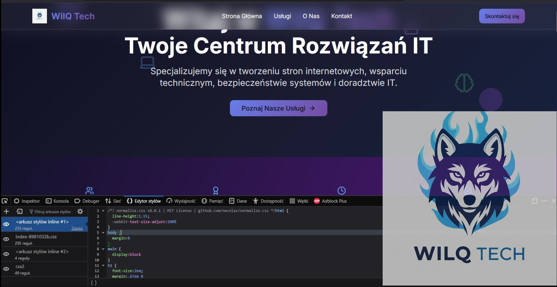 Strona internetowa firmy WilQ Tech z nagłówkiem 'Twoje Centrum Rozwiązań IT' i panelem edytora stylów CSS, prezentująca ofertę tworzenia stron i wsparcia IT.