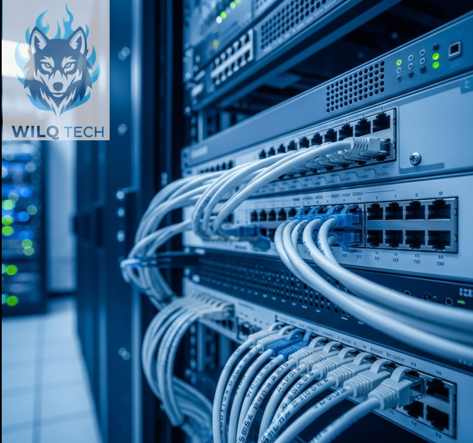 Serwerownia z podłączonymi kablami sieciowymi, widoczne przełączniki i routery. Logo firmy WILQ TECH w lewym górnym rogu. Niebieska tonacja kolorystyczna.
