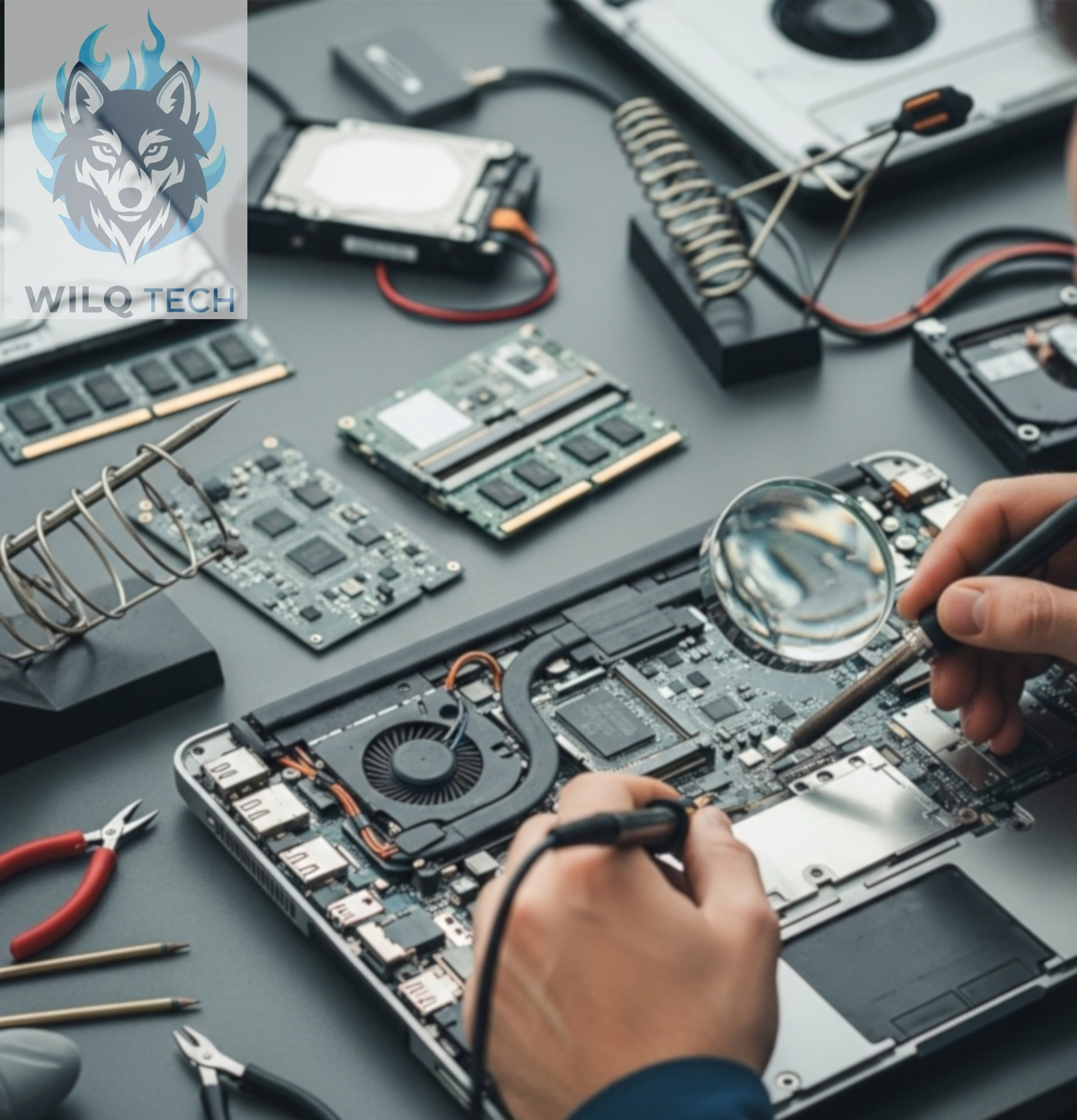 Naprawa laptopa: Osoba lutuje płytę główną pod lupą. Widoczne narzędzia, pamięci RAM i dyski twarde na szarym tle. Precyzyjna praca serwisanta.