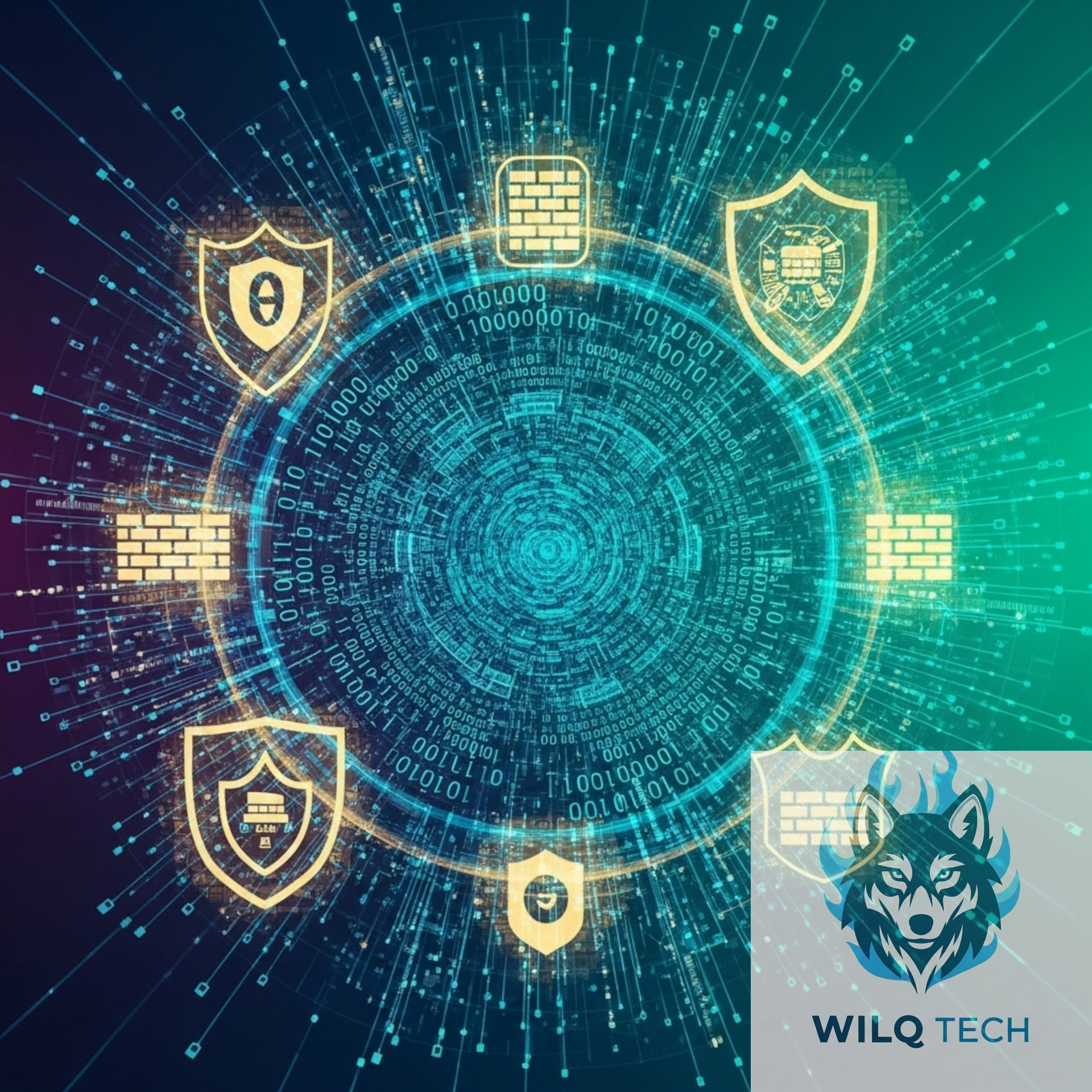 Abstrakcyjna grafika cyberbezpieczeństwa: tarcze, zapory ogniowe i binarny kod w okręgu, otoczone liniami danych. Logo WILQ TECH w prawym dolnym rogu.