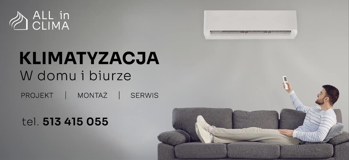 Klimatyzator na ścianie, obsługiwany pilotem przez mężczyznę leżącego na sofie. Tekst: Klimatyzacja w domu i biurze, projekt, montaż, serwis, numer telefonu.