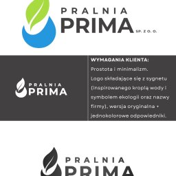 Weronika Walkiewicz - Projekt logo dla pralni Prima: sygnet z kroplą wody i liściem, wersja kolorowa i monochromatyczna, spełniające wymagania klienta dotyczące prostoty i minimalizmu.