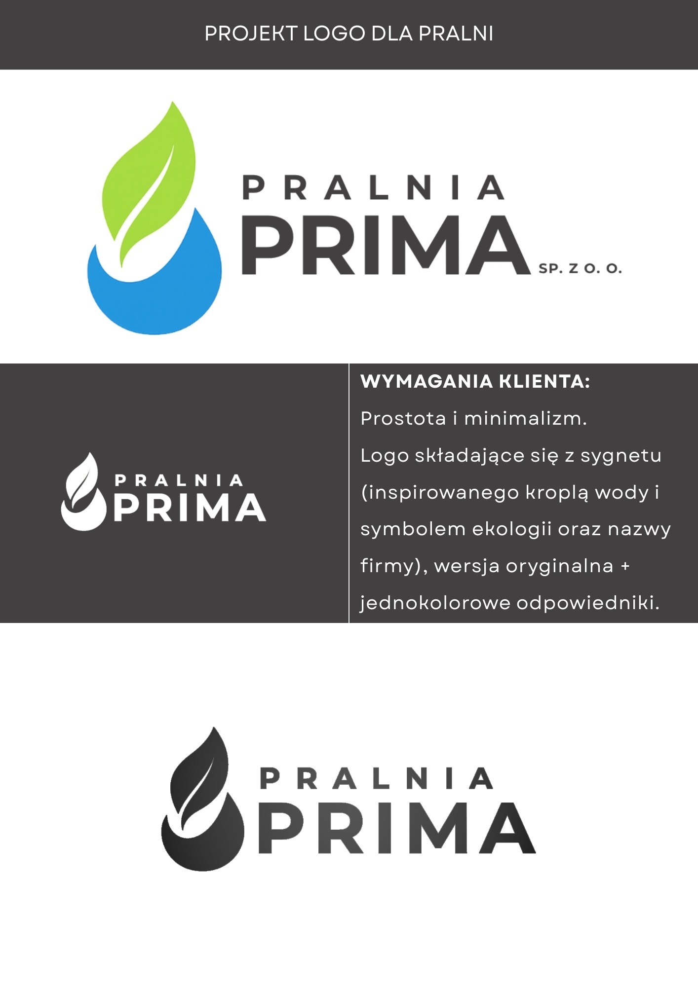 Projekt logo dla pralni Prima: sygnet z kroplą wody i liściem, wersja kolorowa i monochromatyczna, spełniające wymagania klienta dotyczące prostoty i minimalizmu.