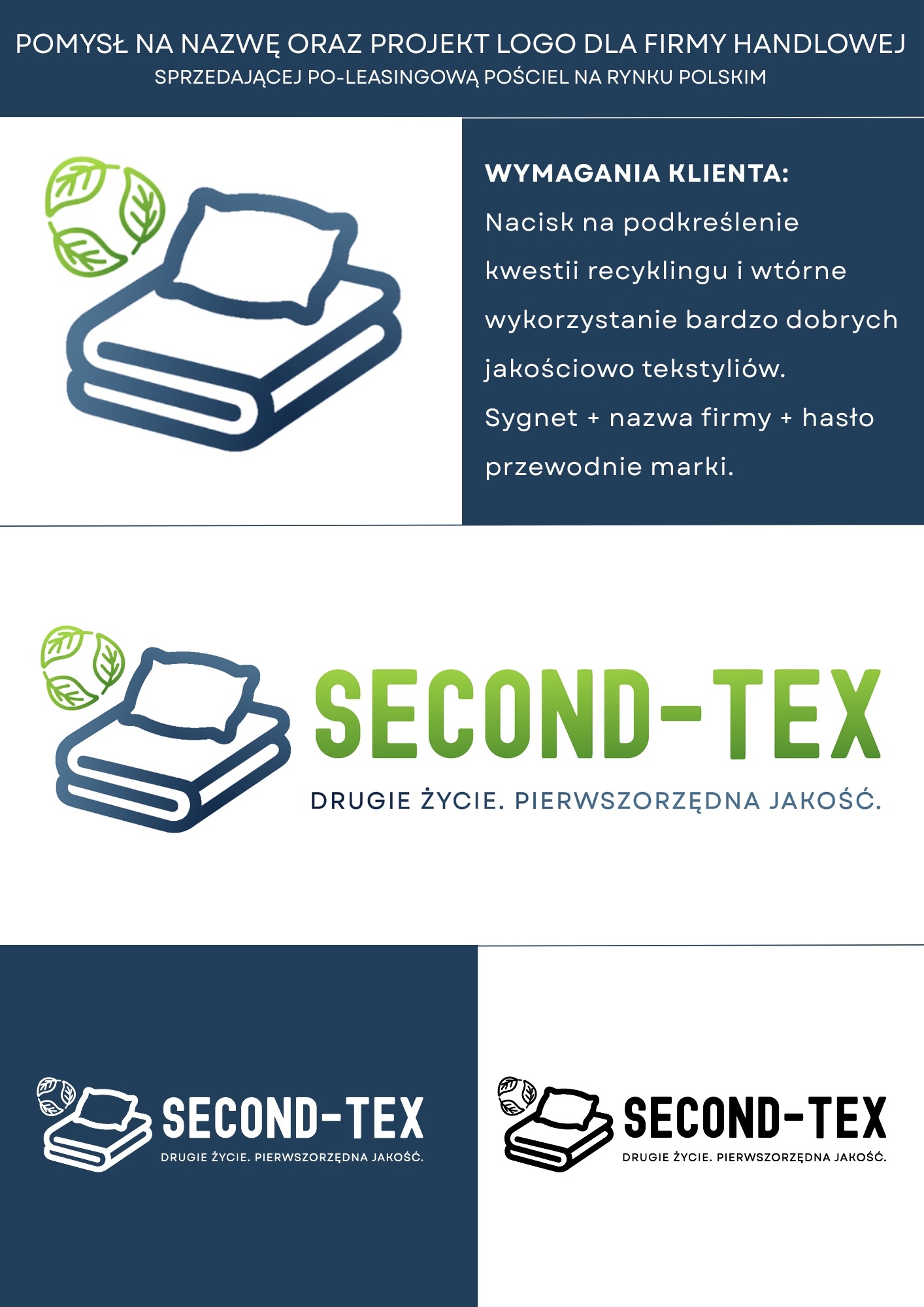Projekt logo dla firmy handlowej sprzedającej pościel po-leasingowej. Sygnet z motywem recyklingu, nazwa firmy 'Second-Tex' i hasło 'Drugie życie. Pierwszorzędna jakość.'