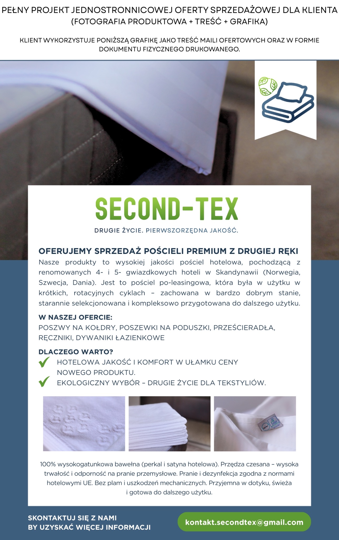 Jednostronicowa oferta sprzedażowa pościeli hotelowej premium z drugiej ręki. Grafika z logo, tekstem i zdjęciami pościeli. Ekologiczny wybór, hotelowa jakość.