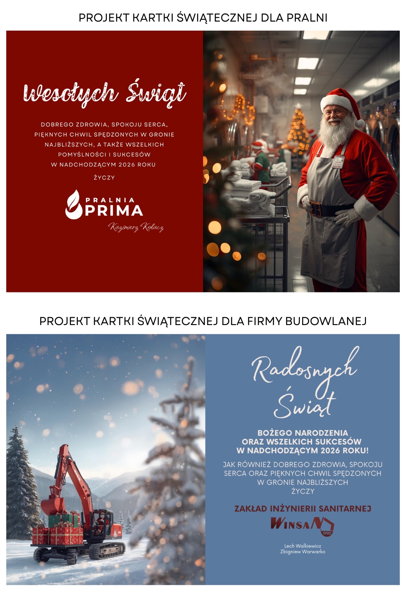 Świąteczne kartki firmowe: pralnia z Mikołajem i budowlana z koparką i prezentami. Projekt graficzny z życzeniami na 2026 rok, wizerunek marki.