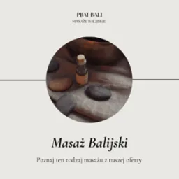 Olej do masażu w szklanej buteleczce i gładkie kamienie na lnianej tkaninie, w okrągłym kadrze. Ujęcie z bliska, neutralna kolorystyka, relaksująca atmosfera.