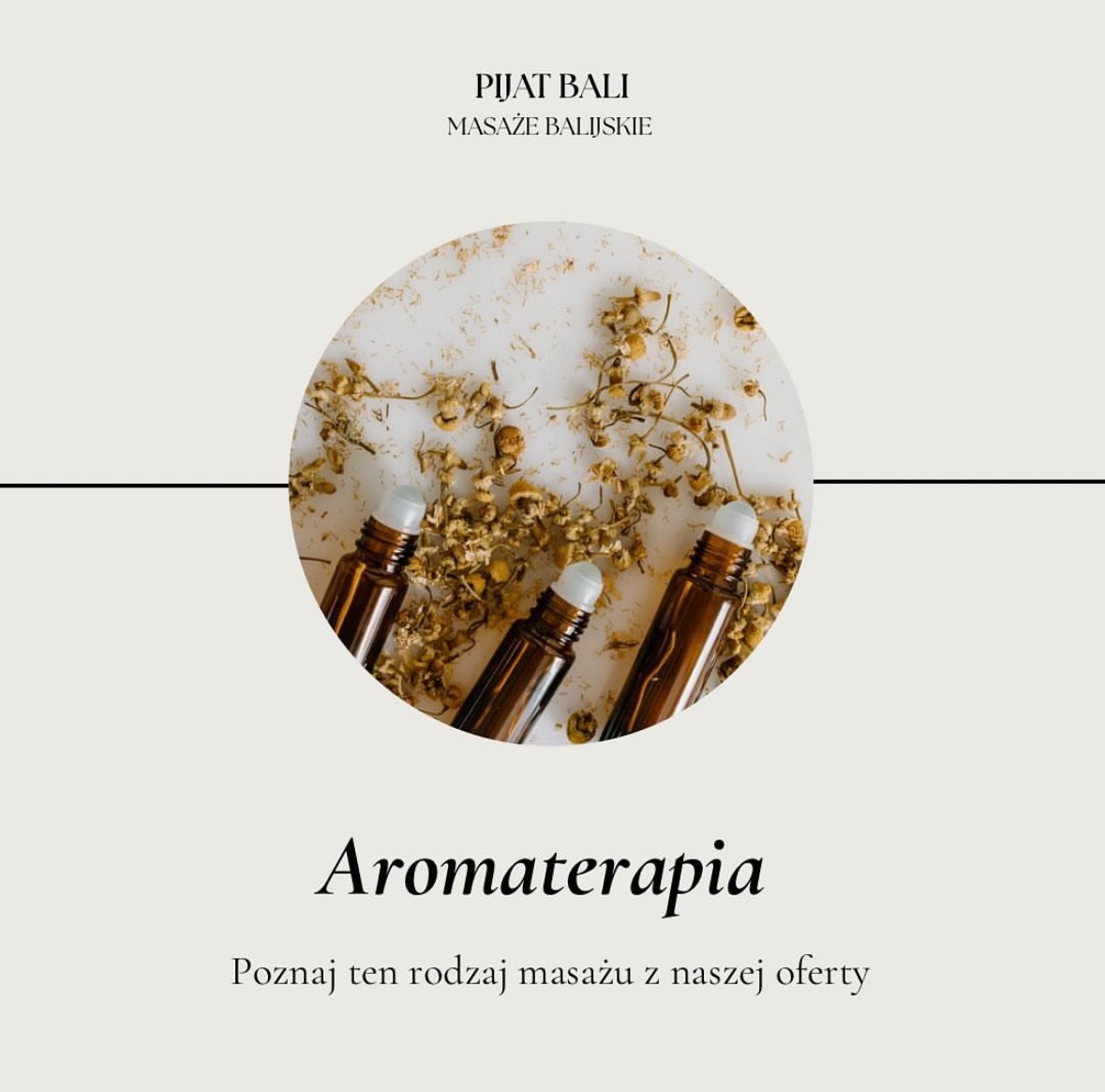 Aromaterapia: trzy brązowe buteleczki roll-on z olejkami eterycznymi, otoczone suszem kwiatowym na jasnym tle. Minimalistyczny design, subtelna elegancja.