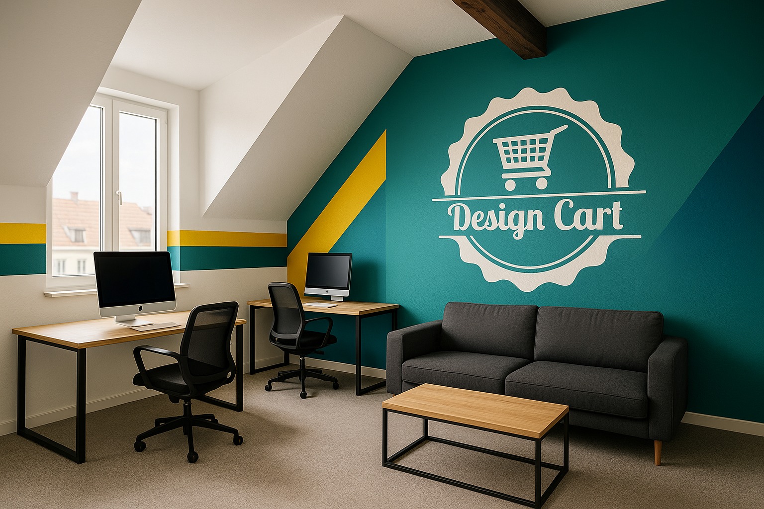 Biuro z logo 'Design Cart' na ścianie. Dwa biurka z komputerami, szara sofa i stolik kawowy. Ściany w kolorach białym, zielonym i żółtym.