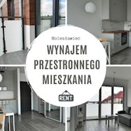 PÓŁNOC NIERUCHOMOŚCI ODDZIAŁ BOLESŁAWIEC - Kolaż zdjęć z jasnego, przestronnego mieszkania na wynajem w Bolesławcu. Widok balkonu, kuchni i salonu z minimalistycznym wystrojem.