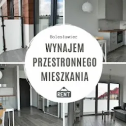 Kolaż zdjęć z jasnego, przestronnego mieszkania na wynajem w Bolesławcu. Widok balkonu, kuchni i salonu z minimalistycznym wystrojem.