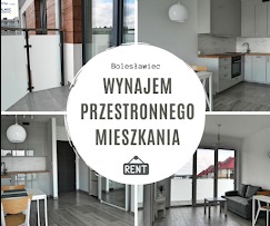 Kolaż zdjęć z jasnego, przestronnego mieszkania na wynajem w Bolesławcu. Widok balkonu, kuchni i salonu z minimalistycznym wystrojem.