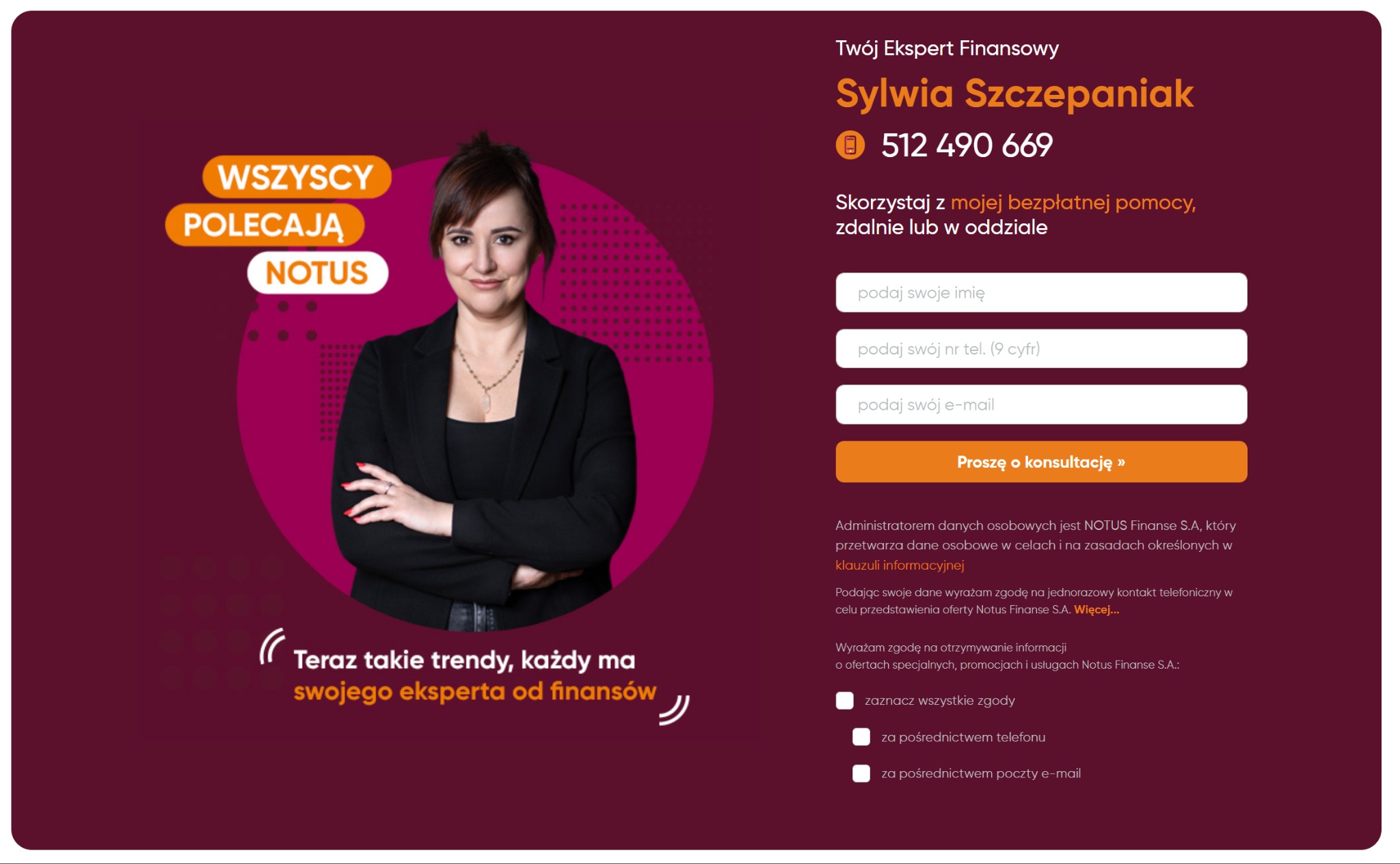 Sylwia Szczepaniak, ekspert finansowy Notus Finanse, zaprasza do kontaktu. Formularz kontaktowy z prośbą o konsultację na ciemnoróżowym tle.