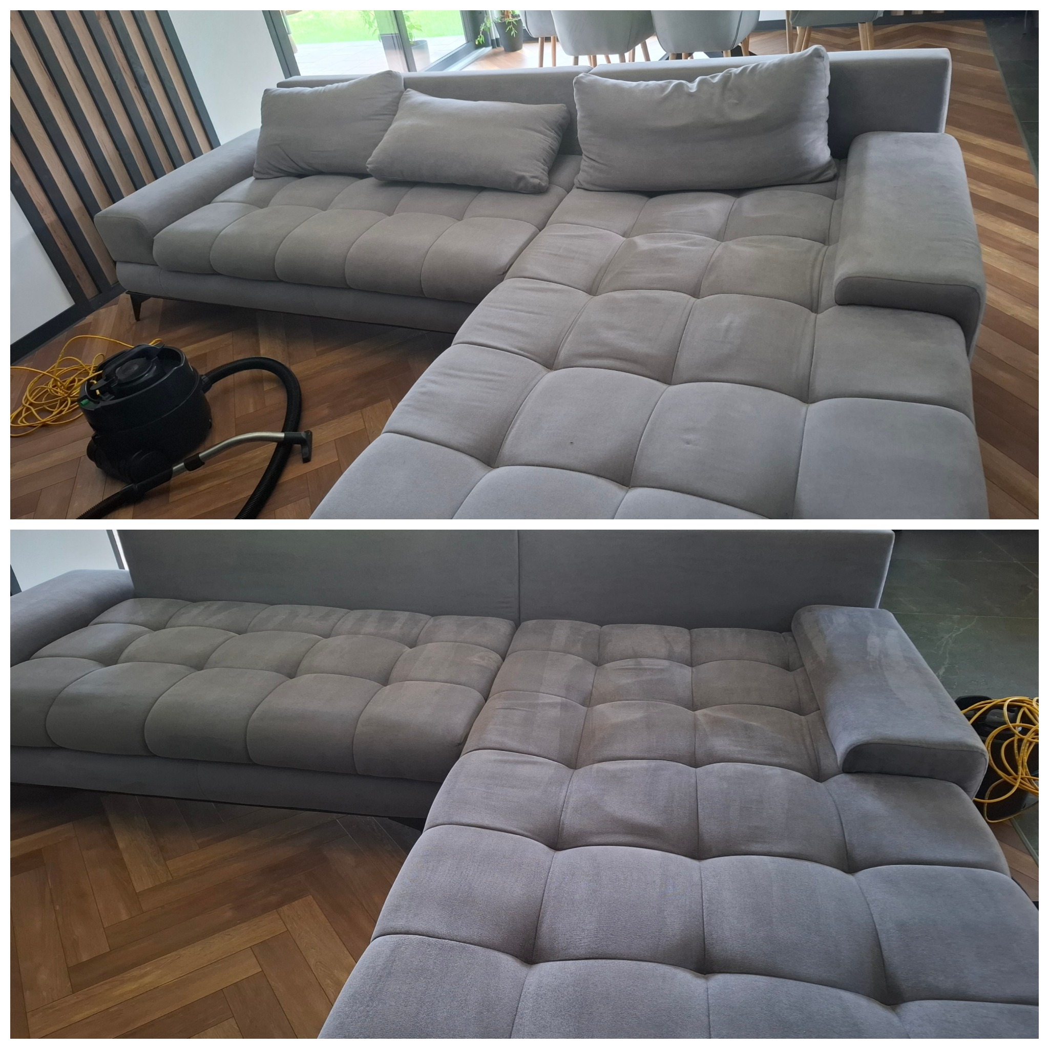 Szara, modułowa kanapa narożna przed i po praniu tapicerki. Widoczna różnica w czystości materiału. Obok stoi odkurzacz piorący z żółtym kablem.