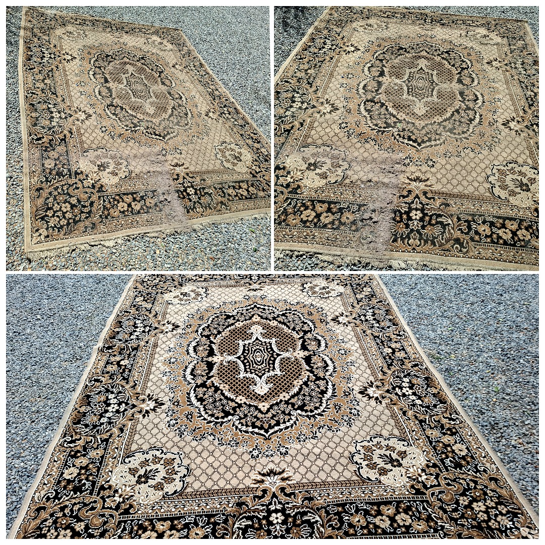 Kolaż przedstawia dywan w trzech ujęciach: z góry, z boku i zbliżenie na zabrudzenie. Beżowo-brązowy wzór orientalny na tle szarego żwiru. Widoczne plamy przed czyszczeniem.