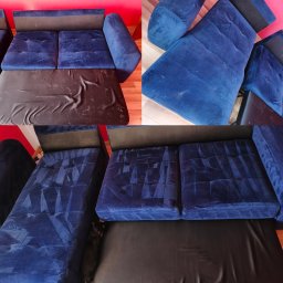 Ozontap Łukasz Kalita - Kolaż: góra - fragmenty niebieskiej kanapy przed praniem, dół - wyprana kanapa z czarnym podkładem i kotem. Widoczne różnice w czystości tapicerki.