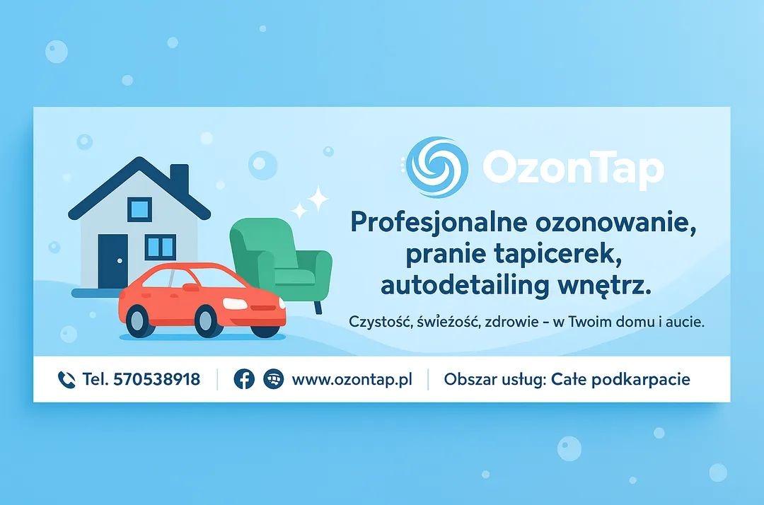 Ilustracja graficzna: dom, auto, fotel, logo OzonTap. Profesjonalne ozonowanie, pranie tapicerek, autodetailing wnętrz. Kontakt: Tel. 570538918, www.ozontap.pl.
