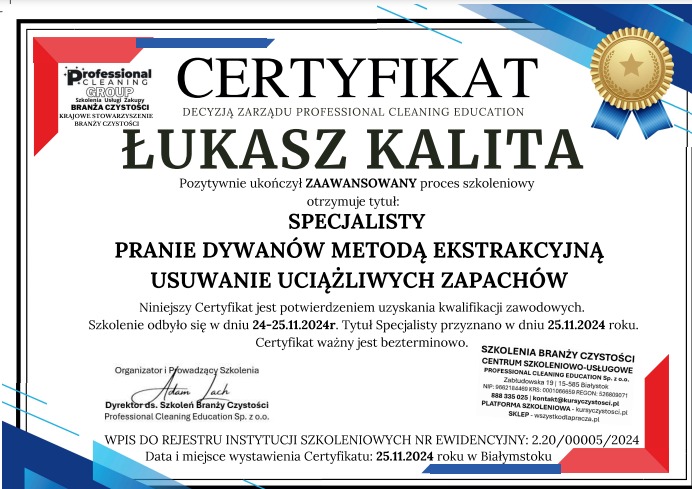 Certyfikat specjalisty prania dywanów metodą ekstrakcyjną i usuwania zapachów dla Łukasza Kalita, wystawiony w Białymstoku.