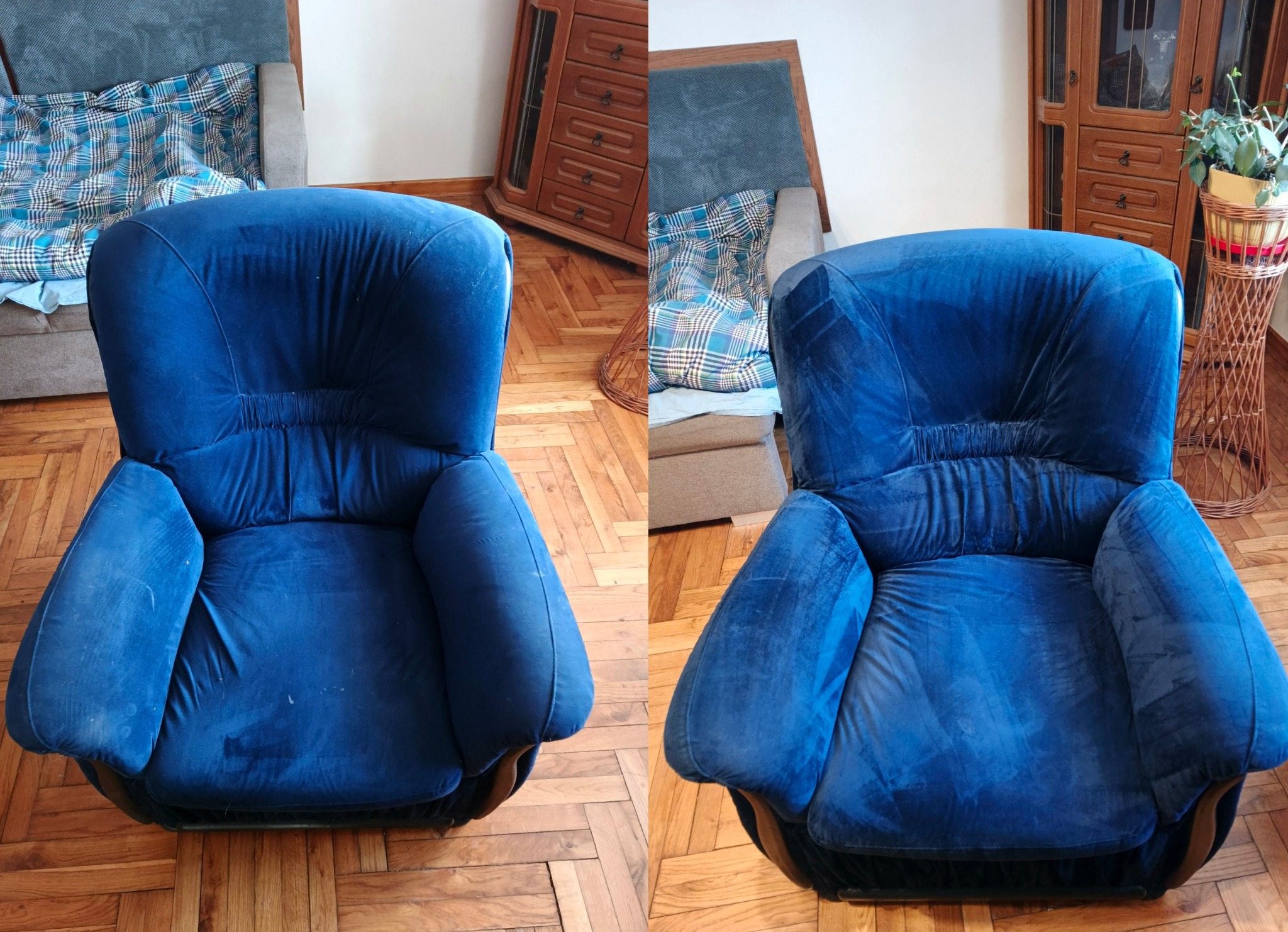 Kadr 'przed i po' przedstawia niebieski fotel z welurową tapicerką. Po lewej stronie fotel jest zabrudzony, po prawej czysty, po praniu. Widoczne drewniane elementy wystroju.