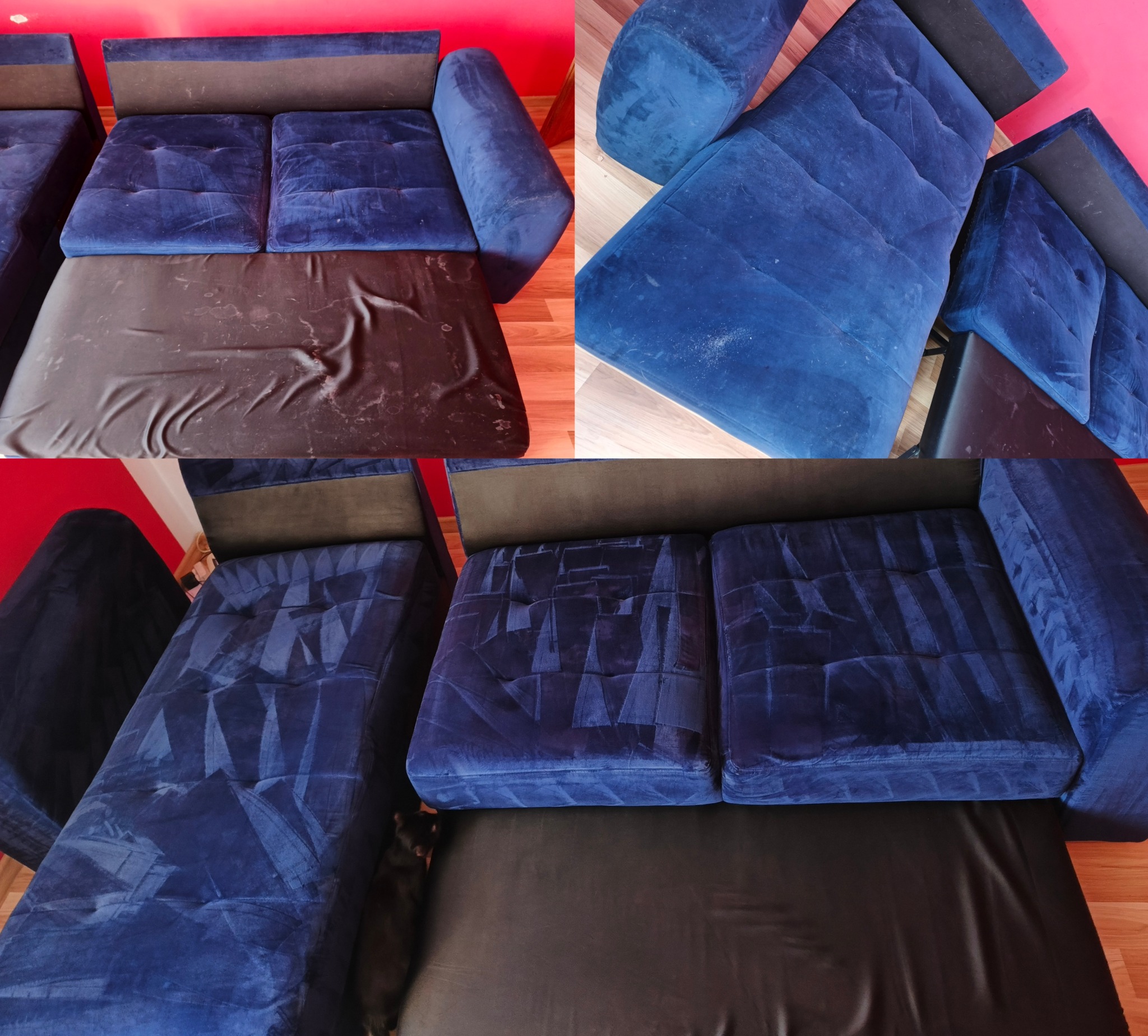 Kolaż: góra - fragmenty niebieskiej kanapy przed praniem, dół - wyprana kanapa z czarnym podkładem i kotem. Widoczne różnice w czystości tapicerki.