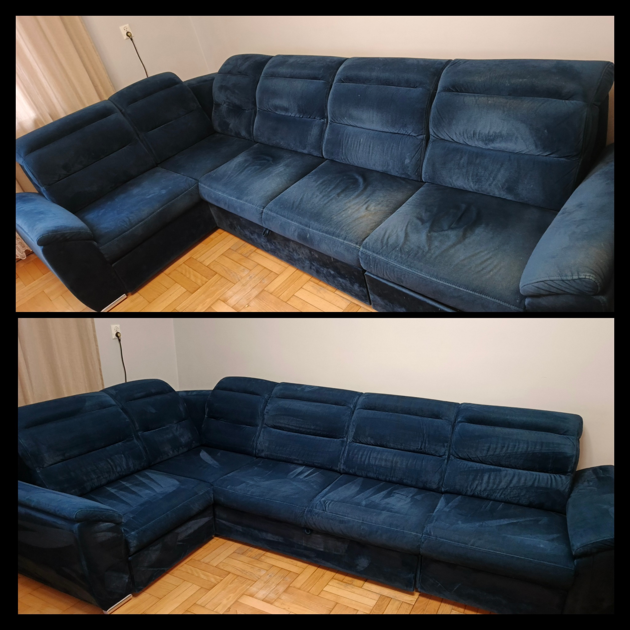 Zdjęcie przedstawia narożnik z ciemnoniebieską tapicerką w układzie 'przed i po' czyszczeniu. Widoczne różnice w odcieniu i plamy na górnym zdjęciu, usunięte na dolnym.