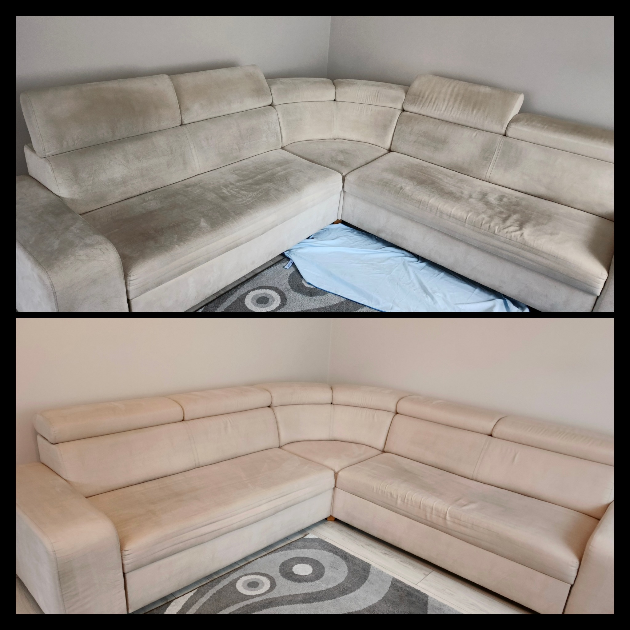 Narożnik tapicerowany przed i po czyszczeniu. Górna część zdjęcia pokazuje zabrudzenia, dolna - efekt po praniu. Dywan z szarym wzorem w tle.