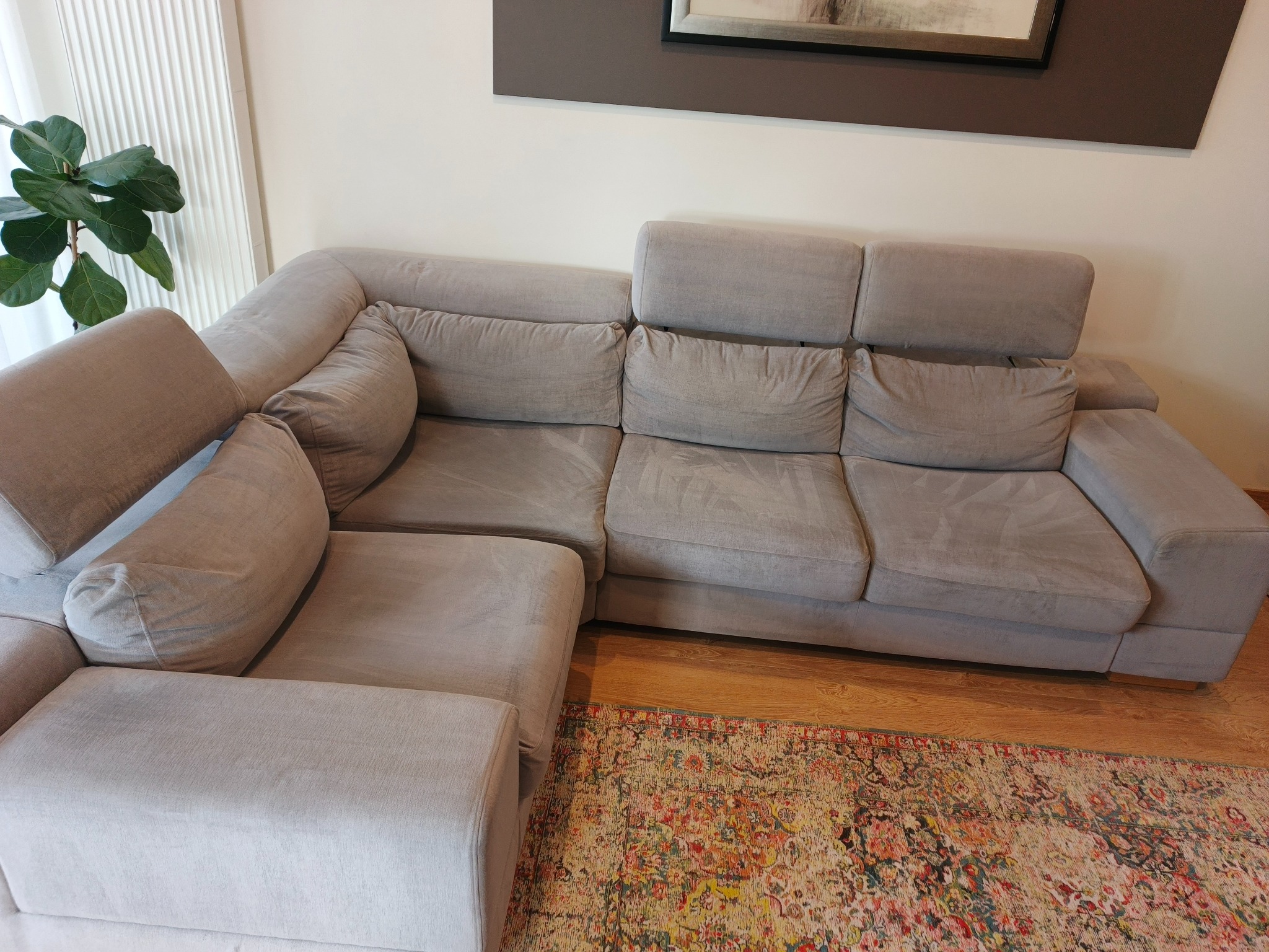 Jasnoszara, modułowa sofa narożna z poduszkami na drewnianej podłodze z wzorzystym dywanem. Obok rośliny doniczkowe i obraz na ścianie.