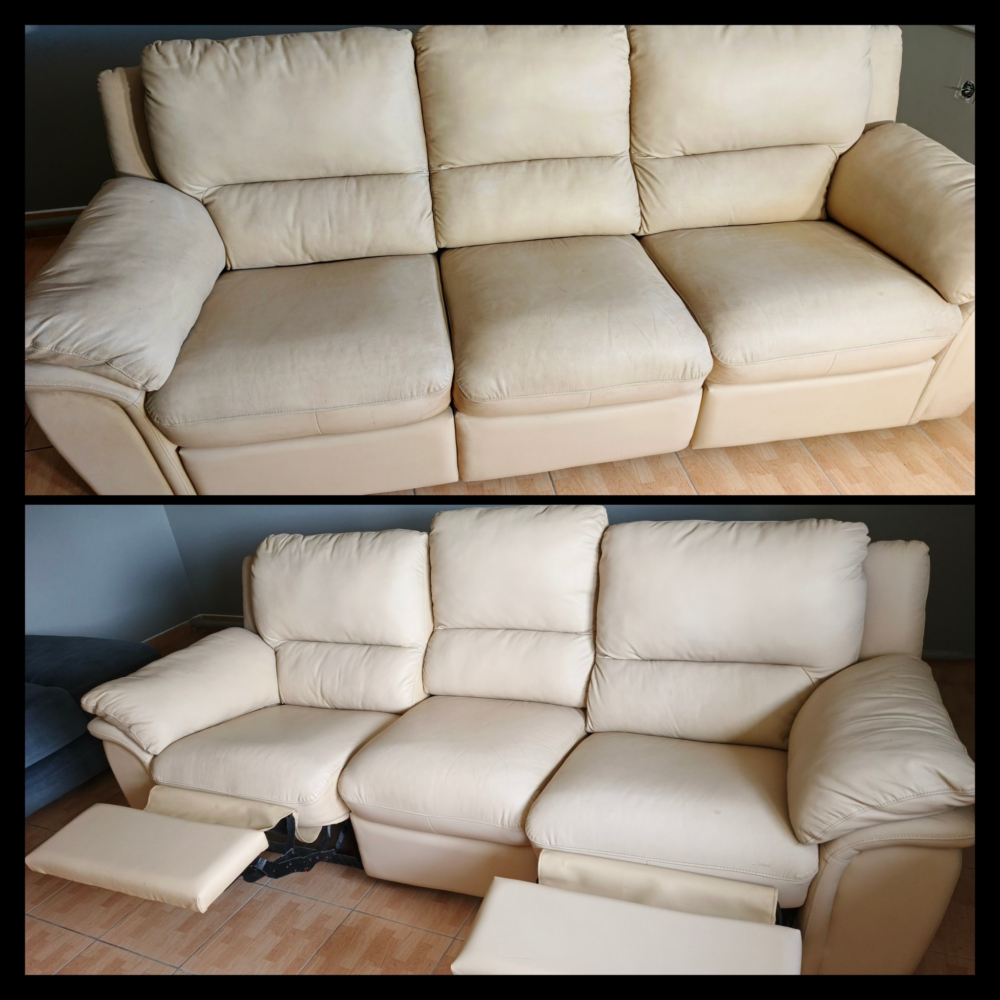 Kremowa, skórzana kanapa z funkcją relaks - widok przed i po czyszczeniu. Widoczna różnica w odcieniu i usunięte zabrudzenia na siedzisku i podłokietniku.