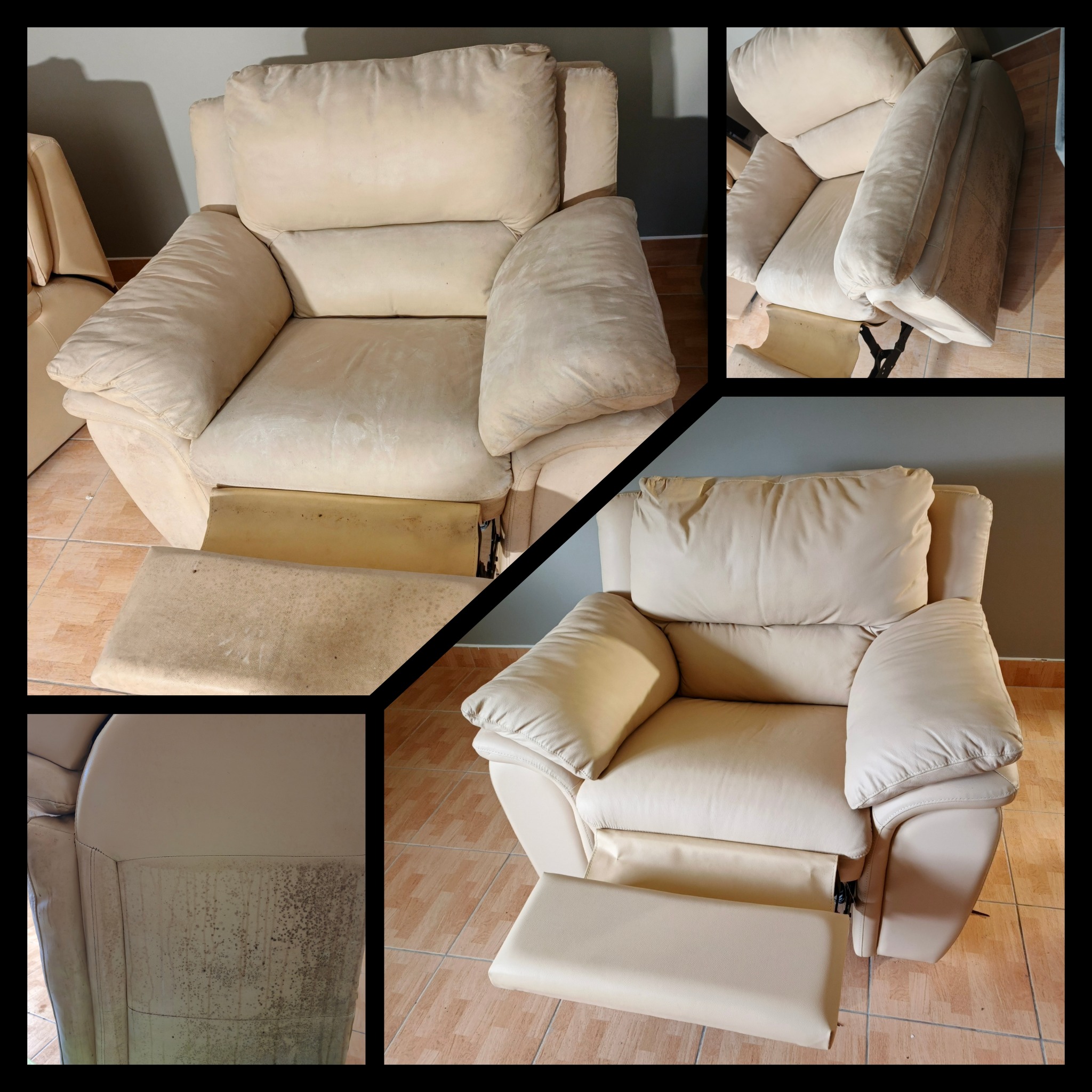 Kolaż beżowego fotela z wysuwanym podnóżkiem przed i po czyszczeniu. Widoczne plamy i zabrudzenia na tapicerce przed zabiegiem, a czysta powierzchnia po.